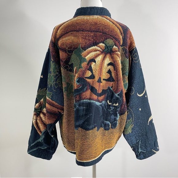 Vintage 90s Sugar Street Weavers Halloween Pumpkin Celestial Cat Tapestry Jacket - Picture 14 of 17